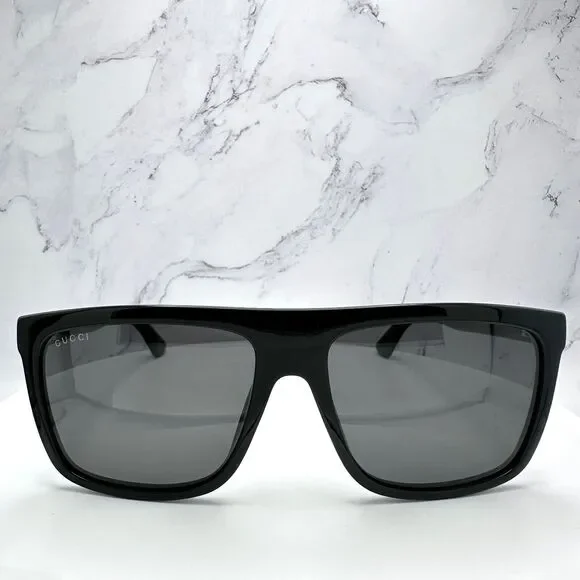 New GUCCI Sunglasses Black Square Aviator Gold Plate Engraved Logo Web Arm GUCCI